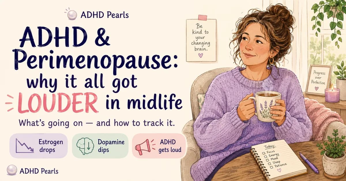 ADHD and perimenopause guide — a midlife woman tracking her symptoms, mood and cycle to take to her doctor