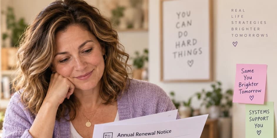 Woman with ADHD reviewing an annual renewal notice at home, surrounded by reminders and recurring yearly admin.