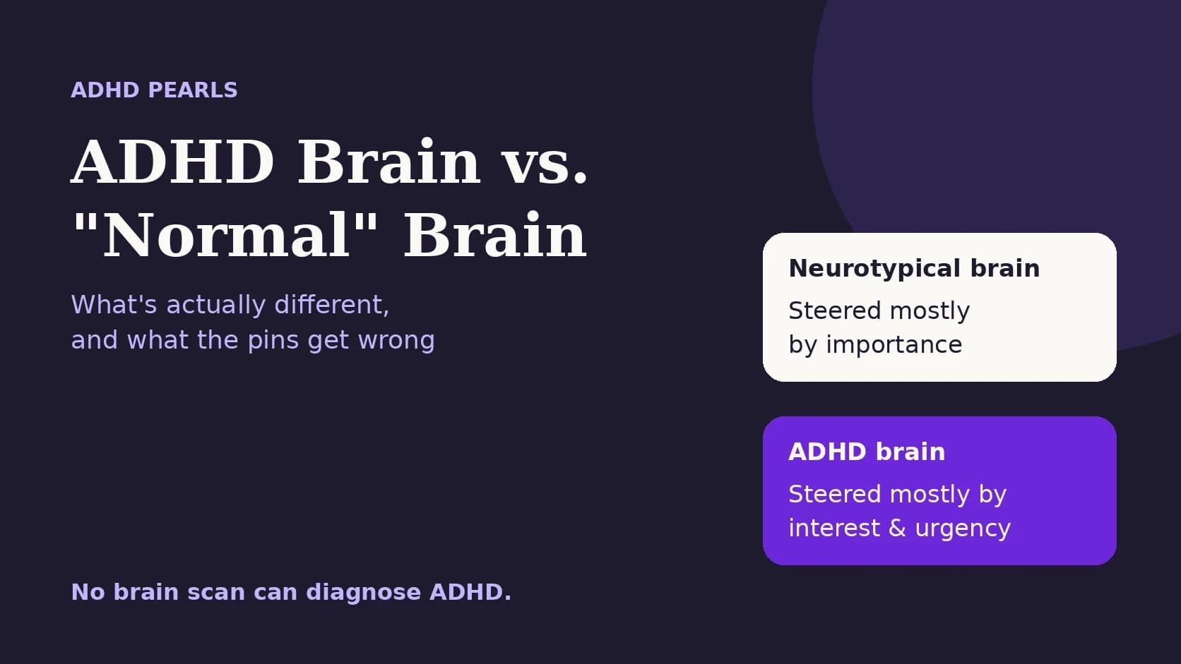 Title card comparing a neurotypical brain, steered mostly by importance, with an ADHD brain, steered mostly by interest and urgency.