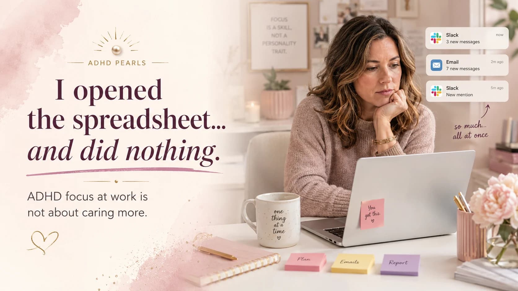 Woman with ADHD sitting at a laptop unable to start a spreadsheet while work notifications interrupt her focus.