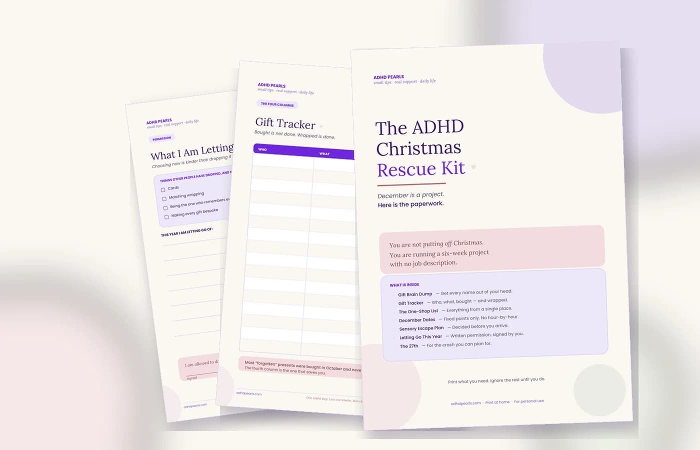 Three pages of the ADHD Christmas Rescue Kit printable: the cover, the gift tracker and the letting-go page.