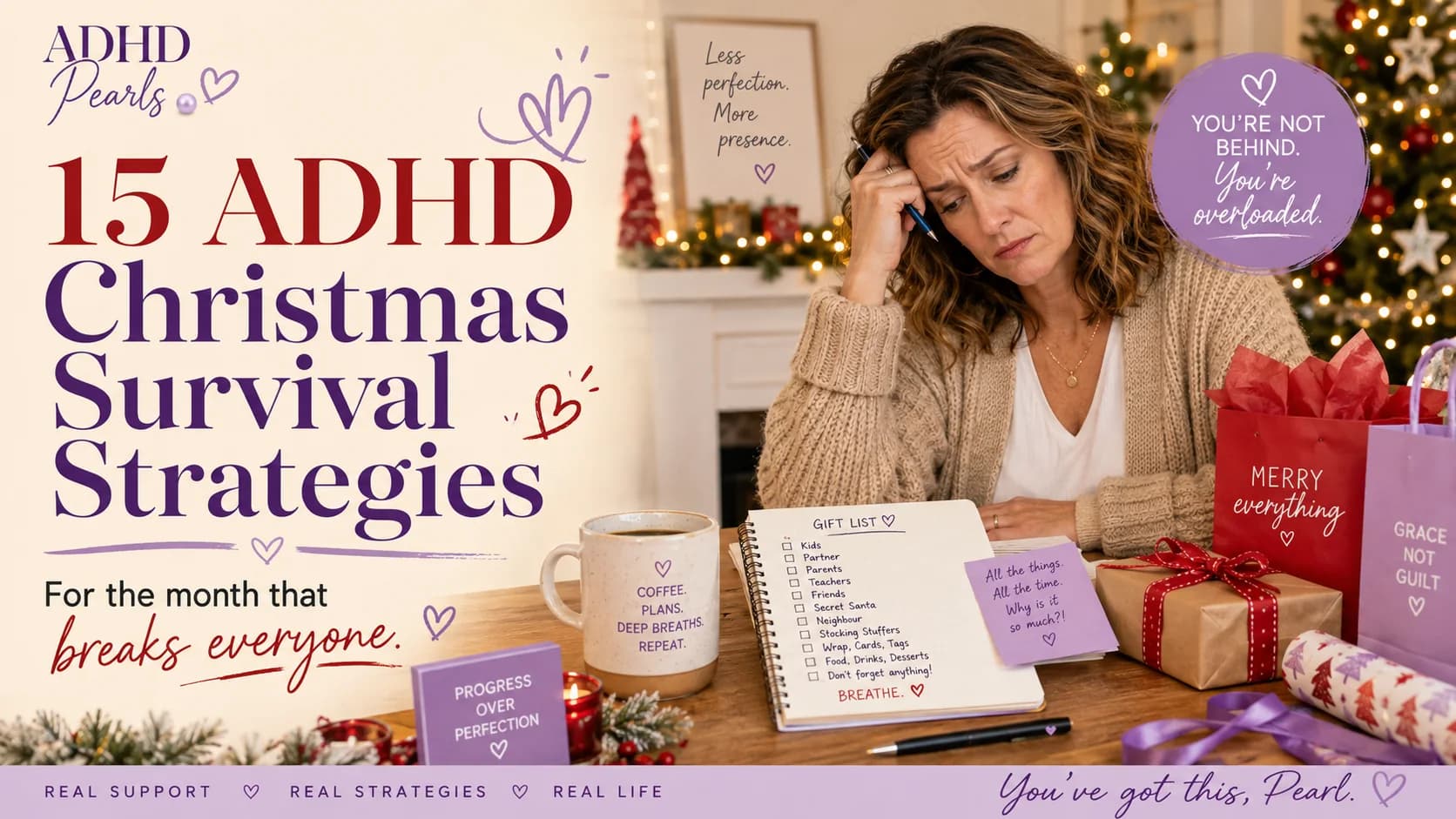 Woman with ADHD looking overwhelmed while planning Christmas gifts, lists, and holiday tasks, with the headline 15 ADHD Christmas Survival Strategies.