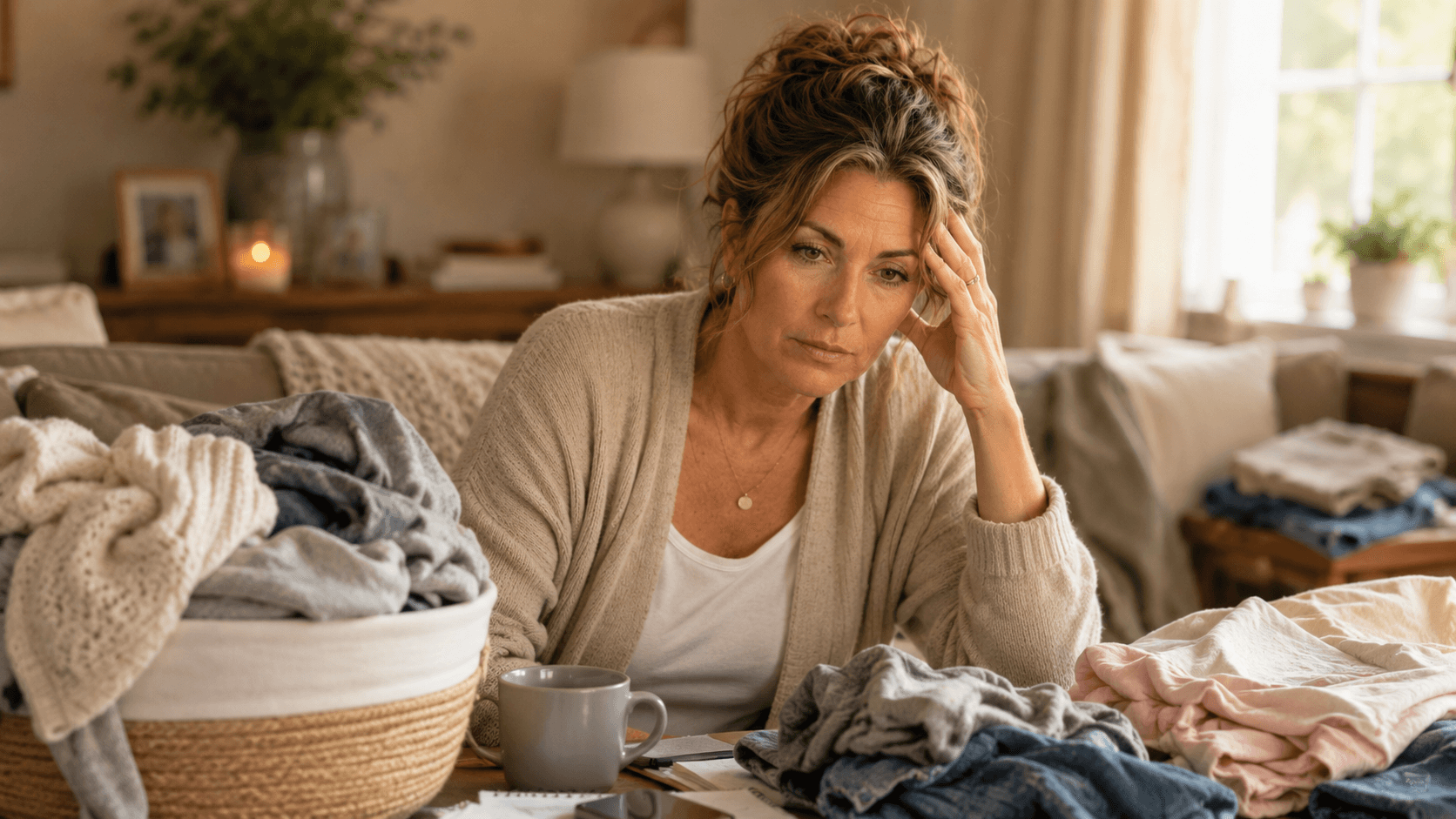 Michelle feeling overwhelmed by laundry and household clutter while trying to start cleaning with ADHD.