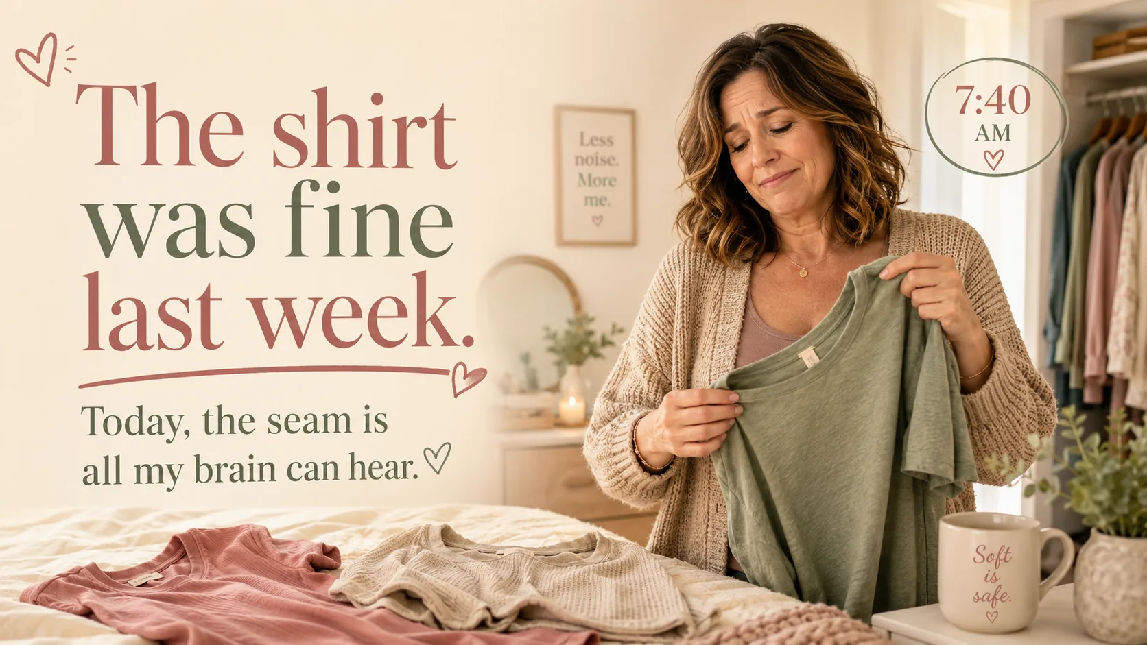 Woman with ADHD choosing clothes in the morning, bothered by a shirt seam that felt fine the week before.
