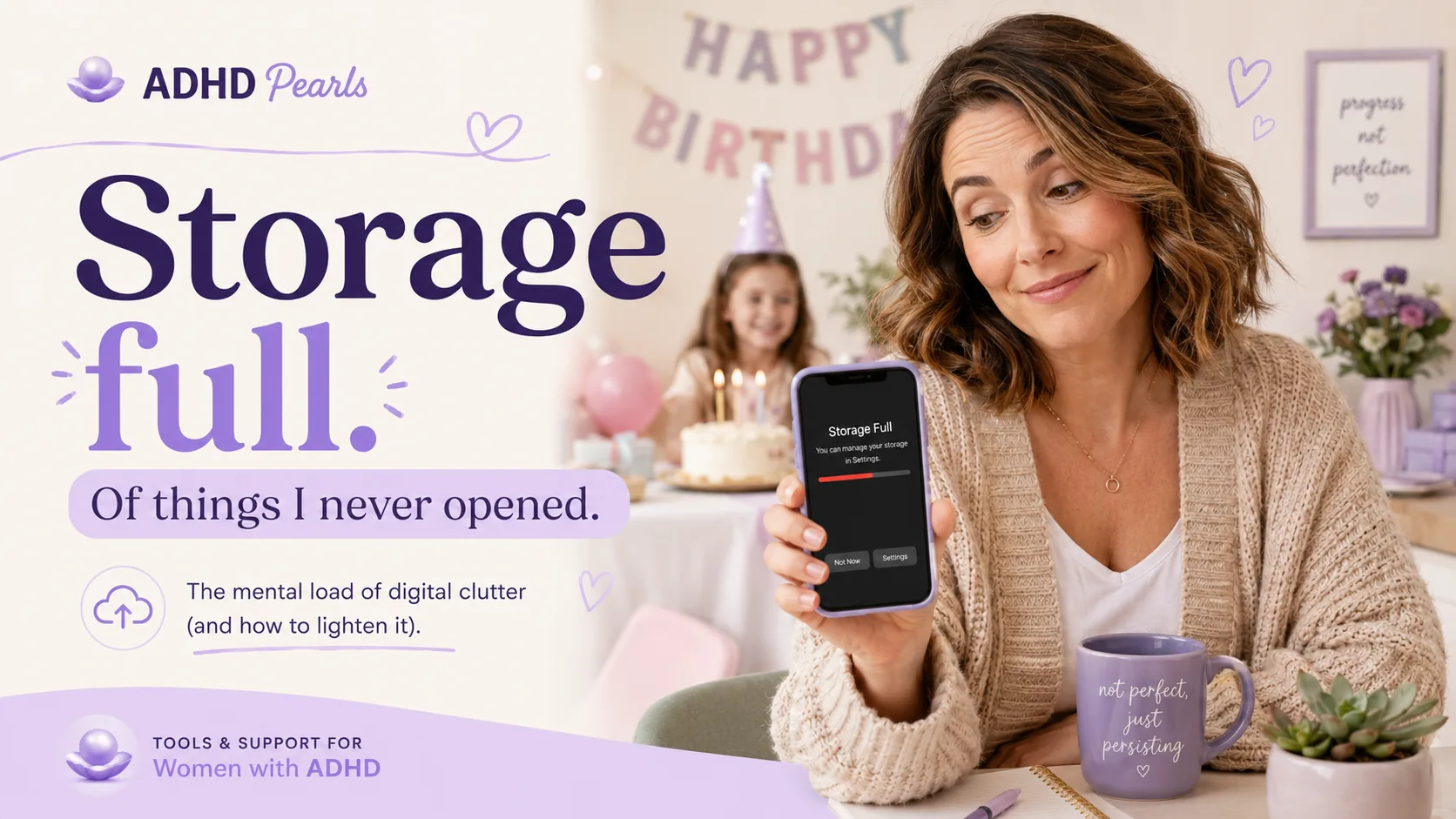 Woman with ADHD seeing a storage full warning on her phone during a family moment, showing how digital clutter builds from things saved but never reopened.