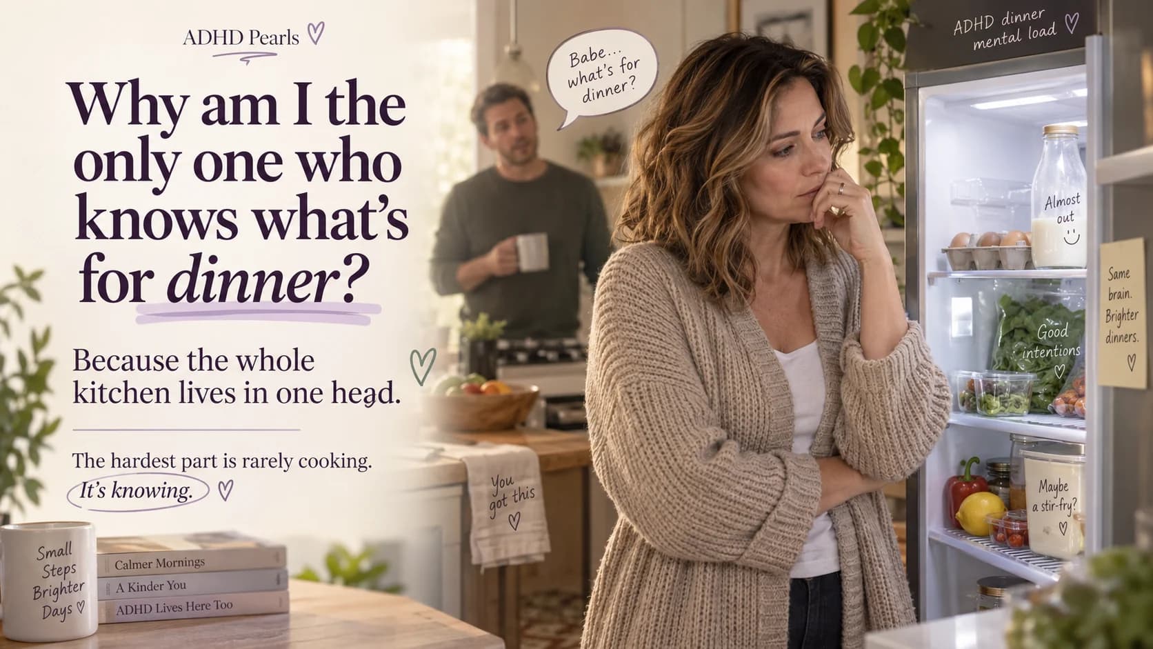 Woman with ADHD standing at an open fridge while her partner asks what is for dinner, illustrating the invisible mental load of knowing what food is available and what needs planning.
