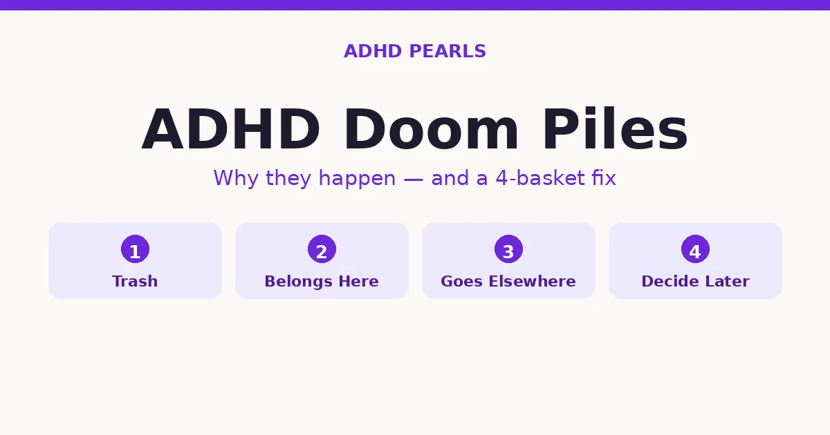 An overloaded bedroom chair piled with unfolded laundry, tote bags and odds and ends, representing an ADHD doom pile of unfinished decisions.