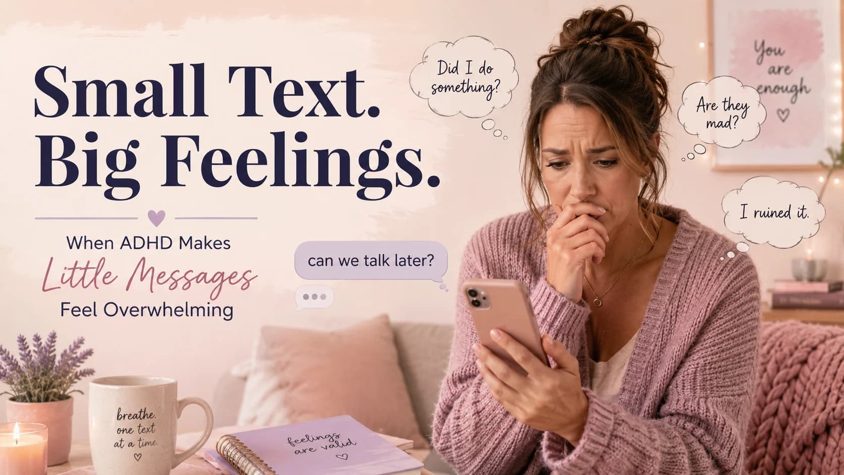 Woman with ADHD feeling overwhelmed after receiving a small text message that triggers big emotions.