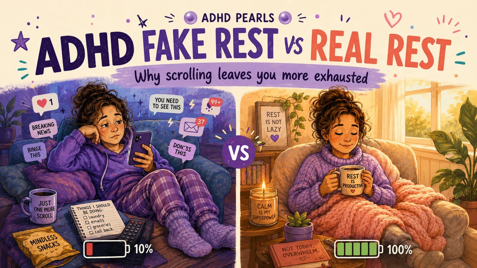 Illustrated comparison of ADHD fake rest from scrolling and real rest that restores energy.
