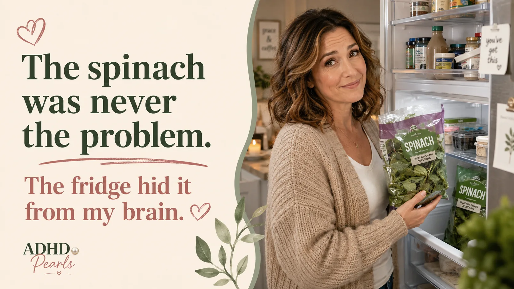 Woman with ADHD holding a bag of spinach beside an open fridge, showing how food gets forgotten when the fridge hides it from view.