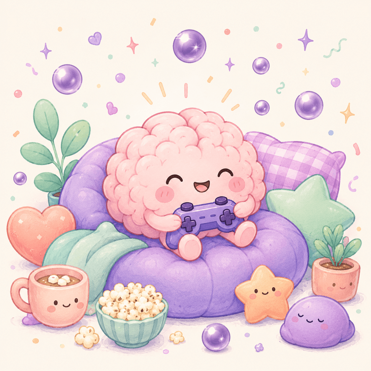 A cute pastel brain character taking a game break with floating pearls and confetti