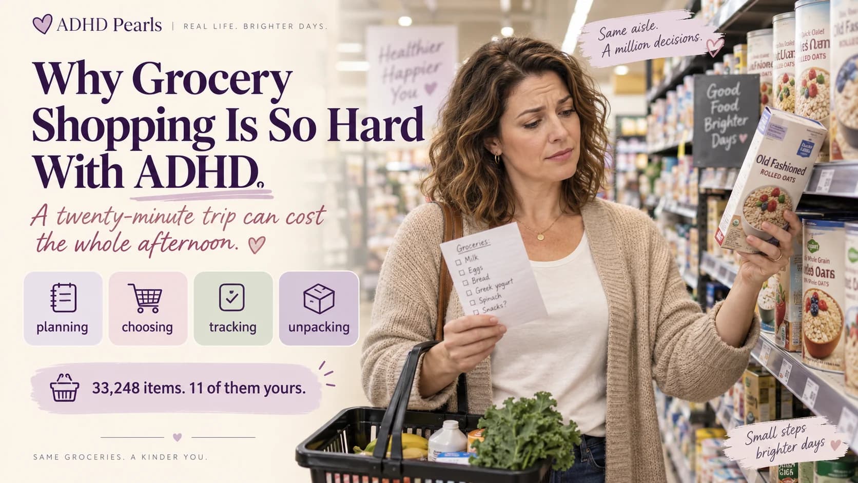 Woman with ADHD standing in a supermarket aisle holding a shopping list while comparing products on a shelf.