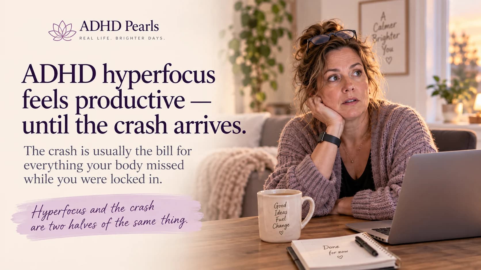 Woman with ADHD looking depleted after hours of hyperfocus at her laptop, illustrating the crash that can follow intense concentration.