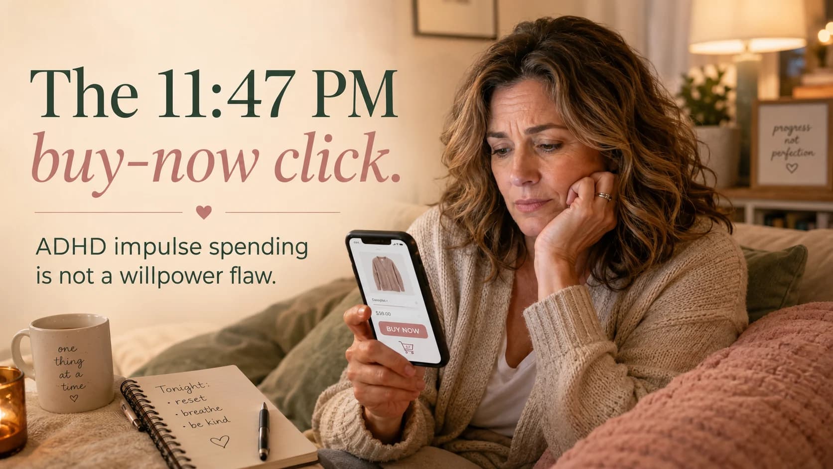 Woman with ADHD looking at a buy now button on her phone late at night, showing the impulse spending moment before checkout.