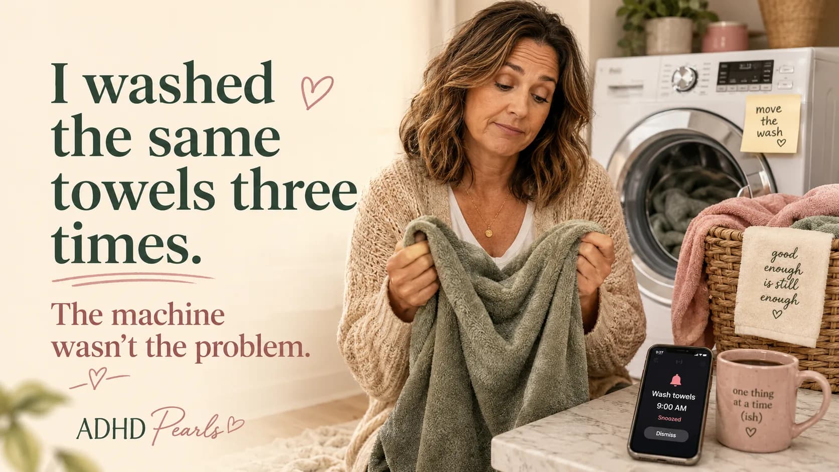 Woman with ADHD holding damp towels in front of a washing machine, reflecting on repeatedly rewashing the same load because the problem was not the machine but the reminder gap.