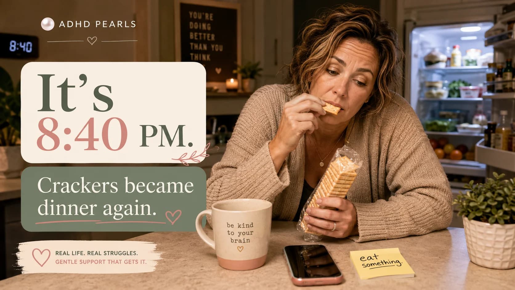 Woman with ADHD eating crackers in the kitchen at 8:40 PM because making dinner feels impossible, with an open fridge in the background.