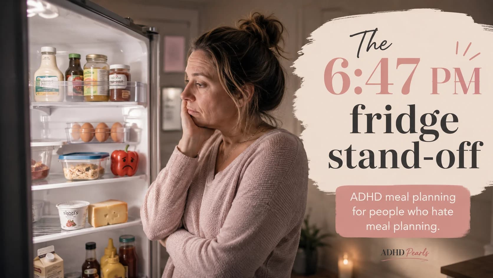 Woman with ADHD standing in front of an open fridge at 6:47 PM feeling stuck about what to eat for dinner.