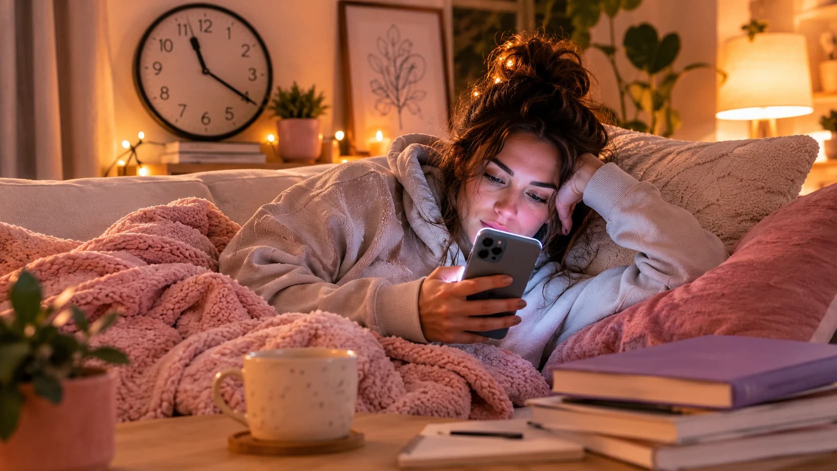 Woman with ADHD lying on a cozy couch at night scrolling her phone after only meaning to check the time.