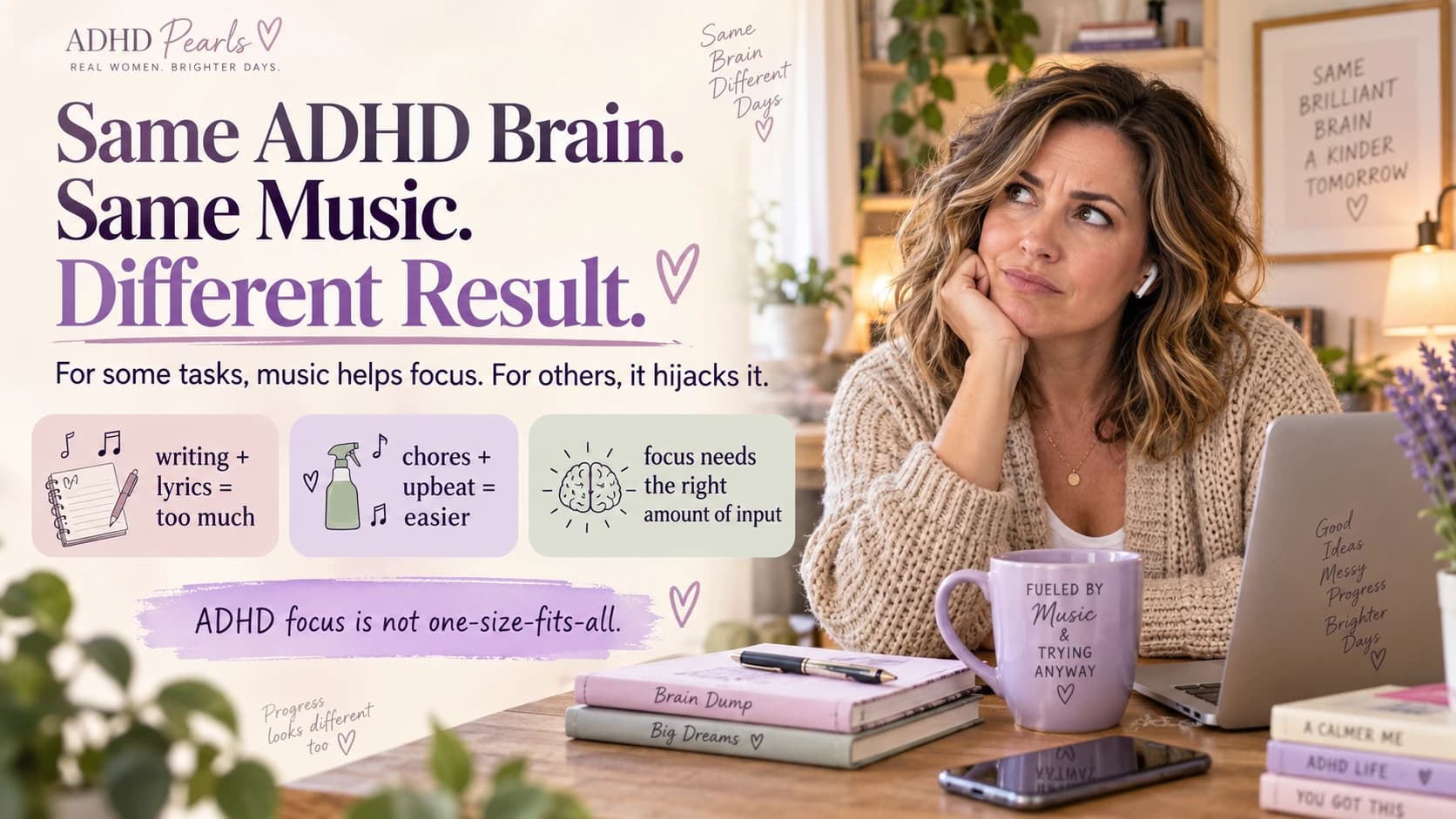 Woman with ADHD working at home with music, illustrating how the same sound can support one task while distracting from another.
