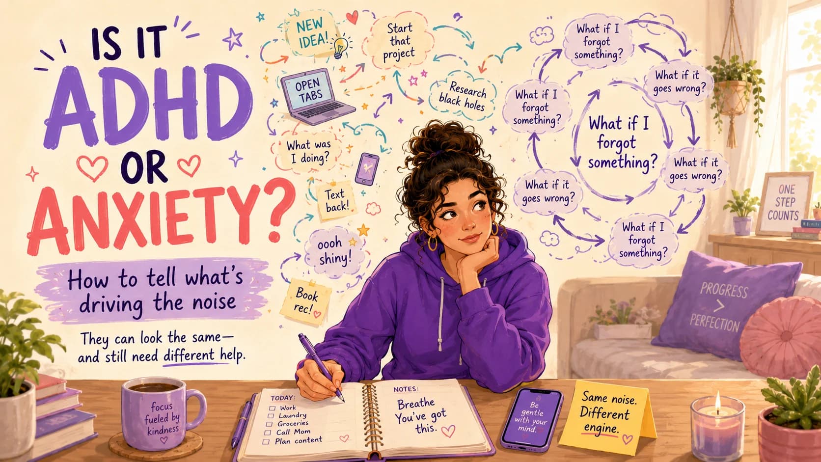 Woman surrounded by jumping ADHD thoughts and a repeating anxiety worry loop, illustrating similar symptoms with different underlying drivers.
