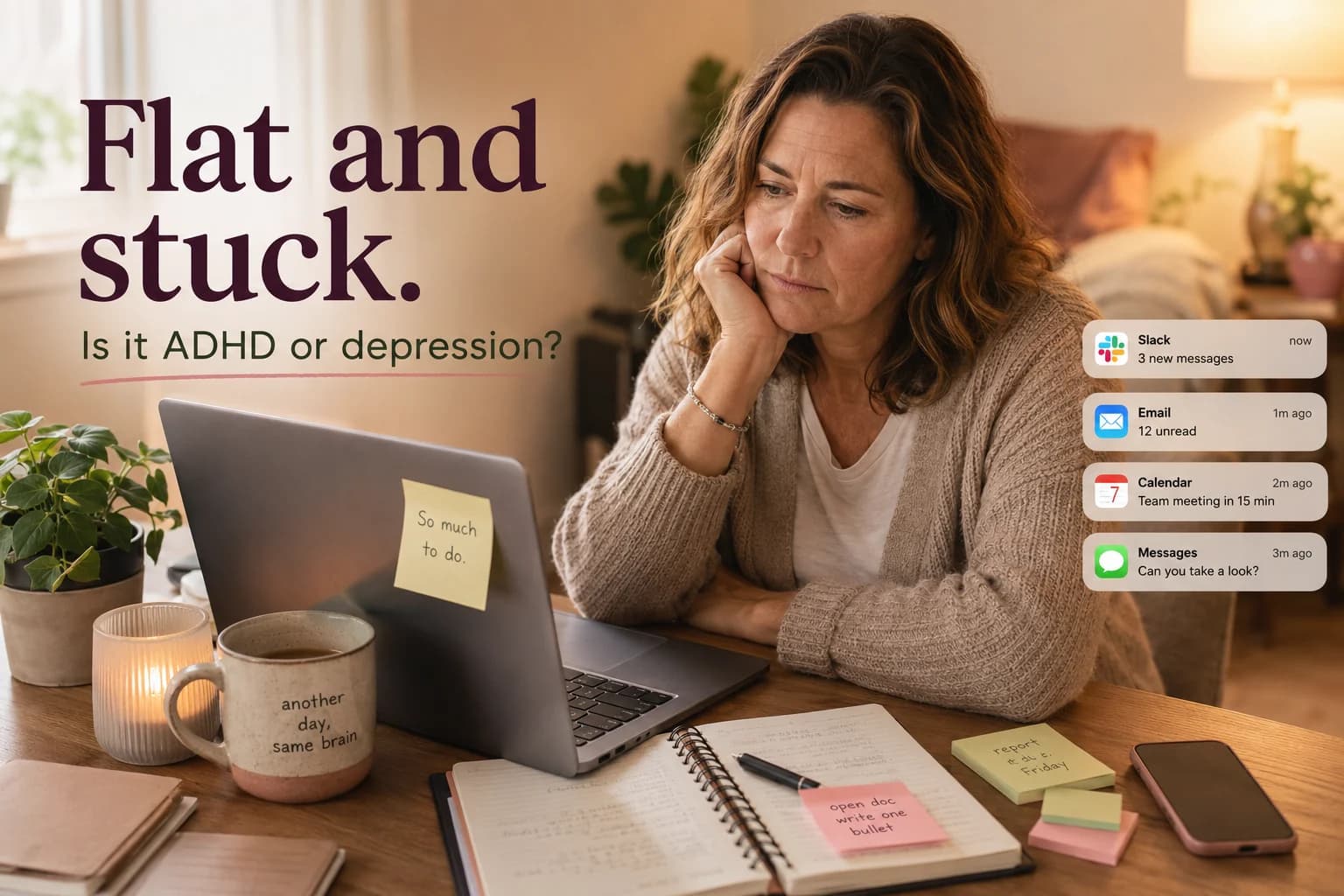 Middle-aged woman sitting at a laptop feeling flat and stuck while wondering whether her symptoms are ADHD or depression.