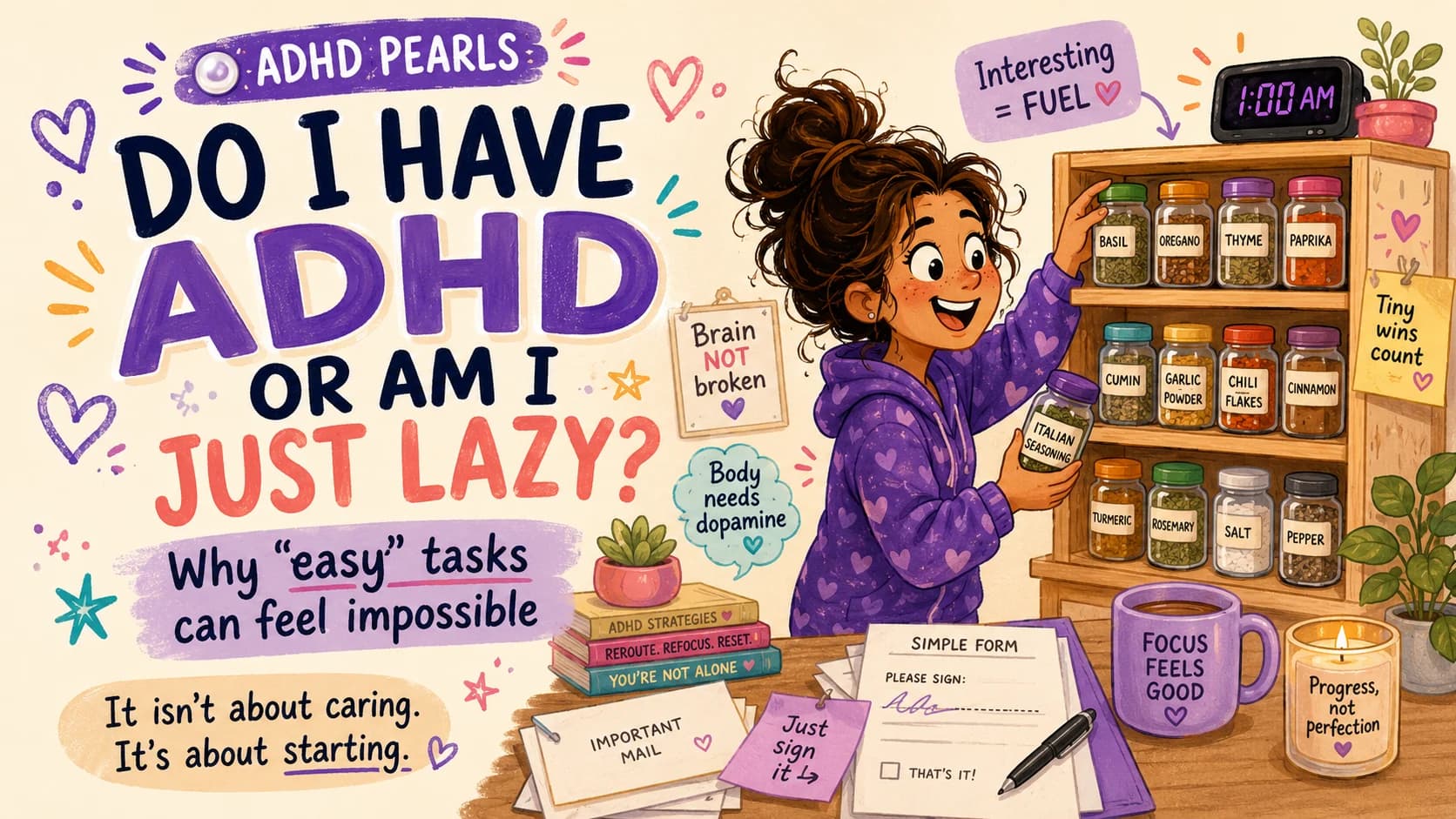 Woman enthusiastically organizing a spice rack at 1 AM while a simple unsigned form remains untouched, illustrating inconsistent ADHD motivation.