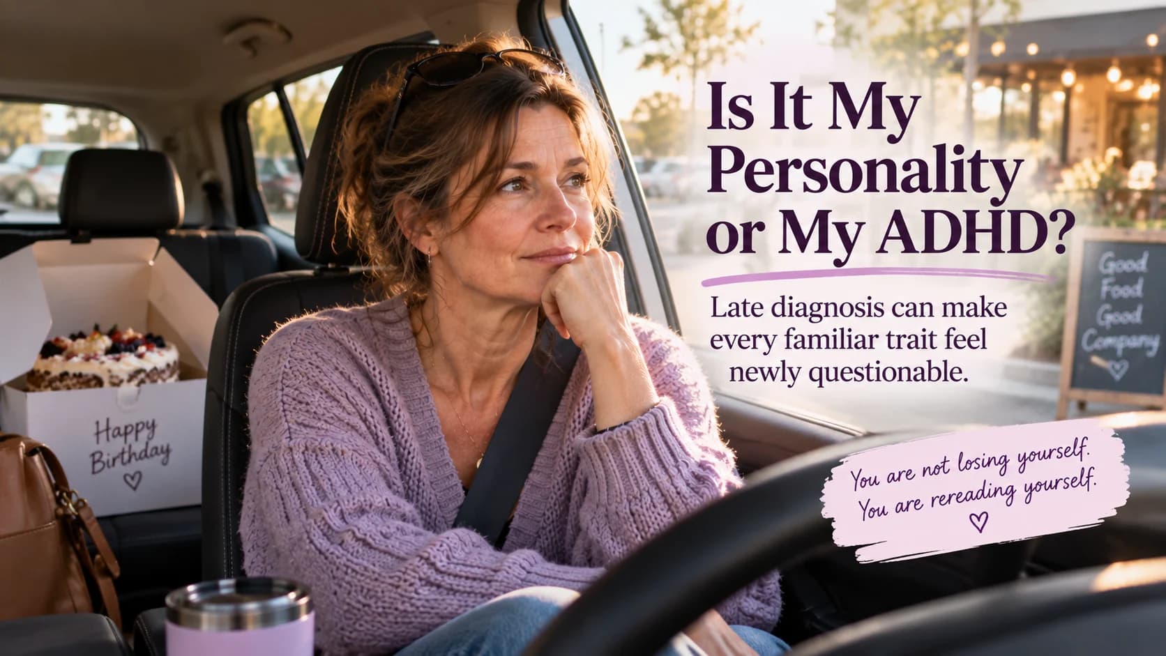 Woman reflecting in her car after a birthday dinner, with a cake box behind her, wondering which familiar traits are personality and which relate to ADHD after a late diagnosis.
