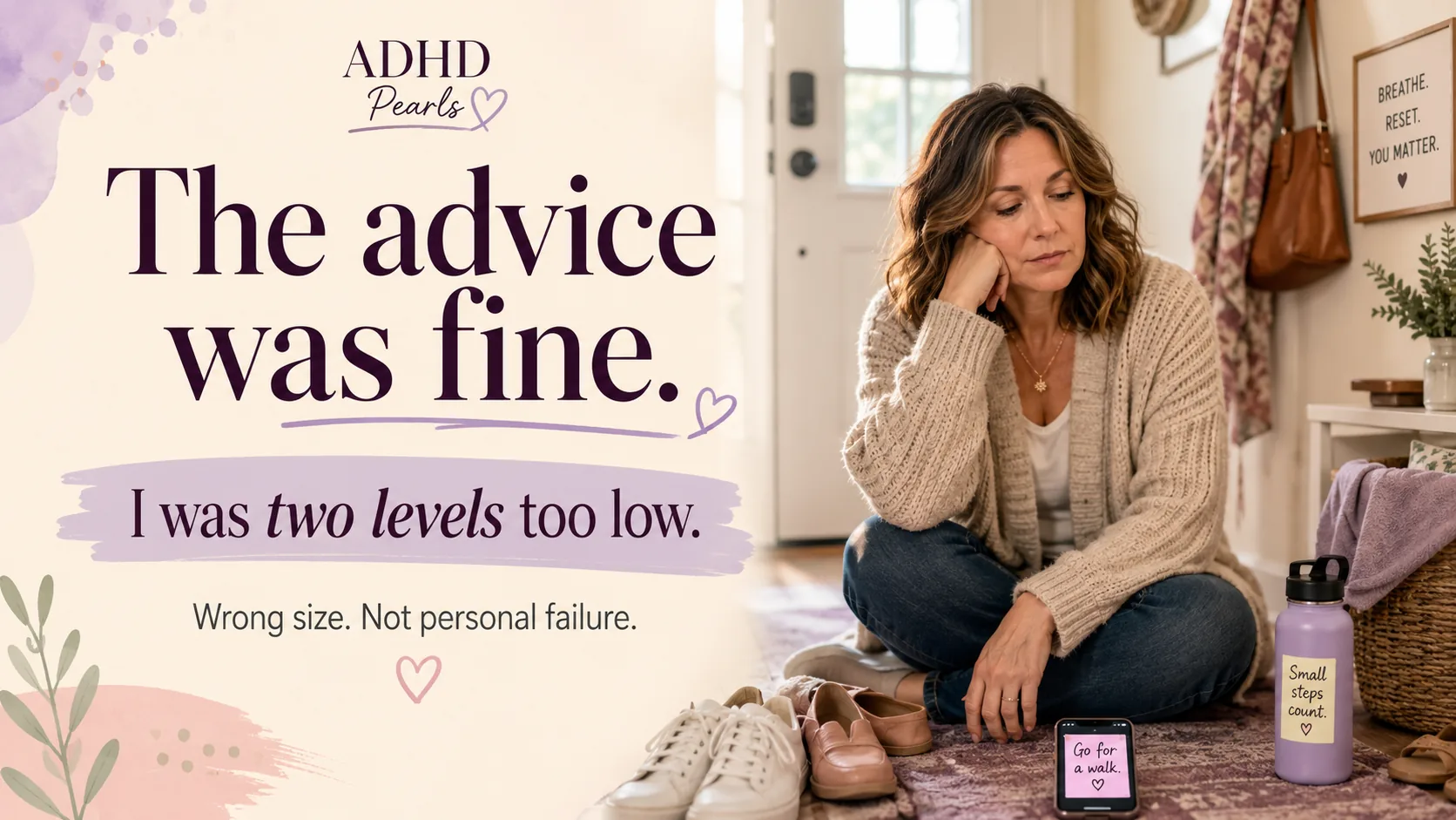Woman with ADHD sitting on the hallway floor near her shoes, showing how advice like going for a walk can be impossible during shutdown.