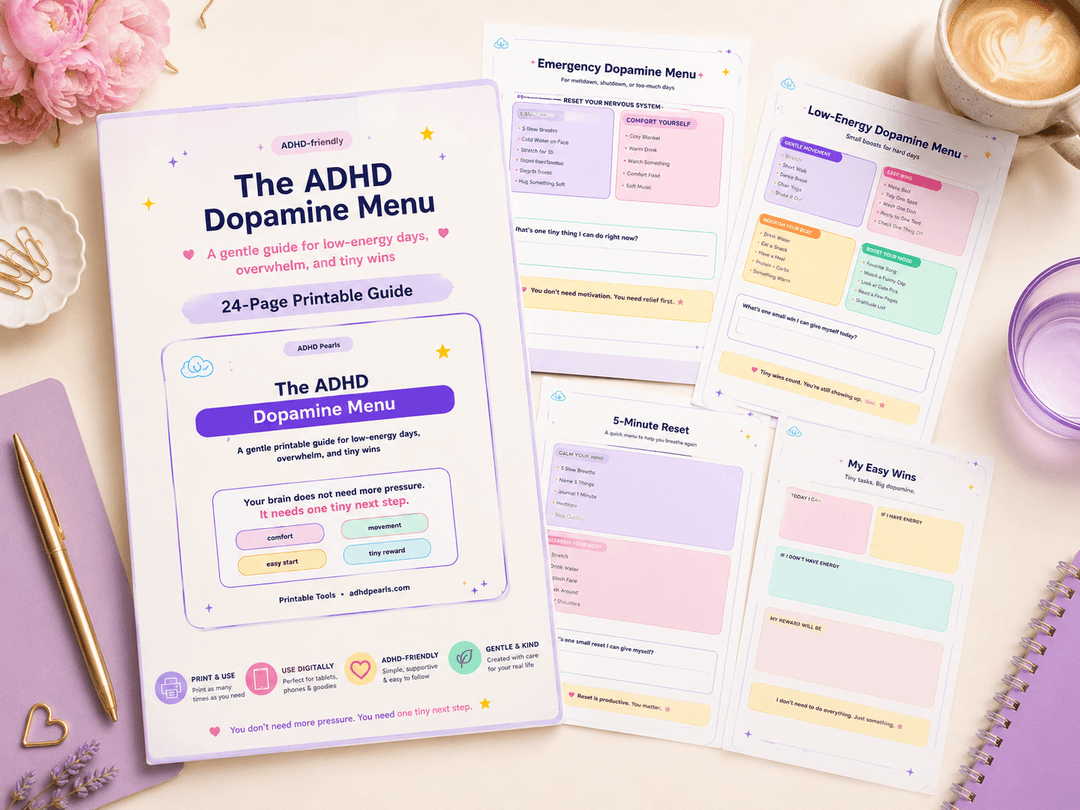 Free ADHD Dopamine Menu printable guide mockup with pastel worksheet pages