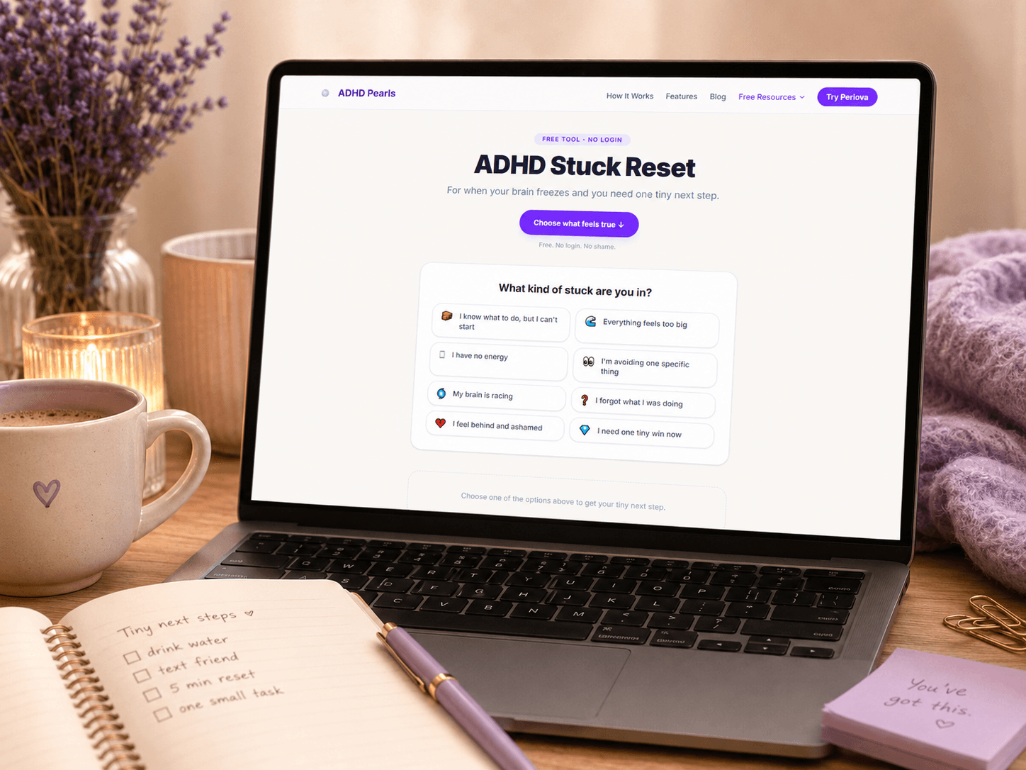 ADHD Stuck Reset tool shown on laptop in a cozy workspace