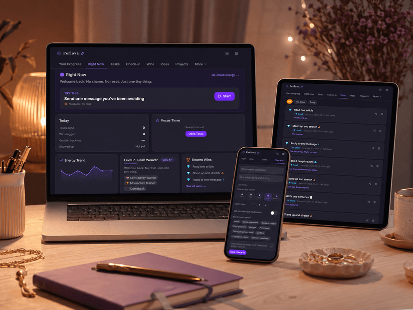 Perlova ADHD planner app shown on laptop, tablet, and phone