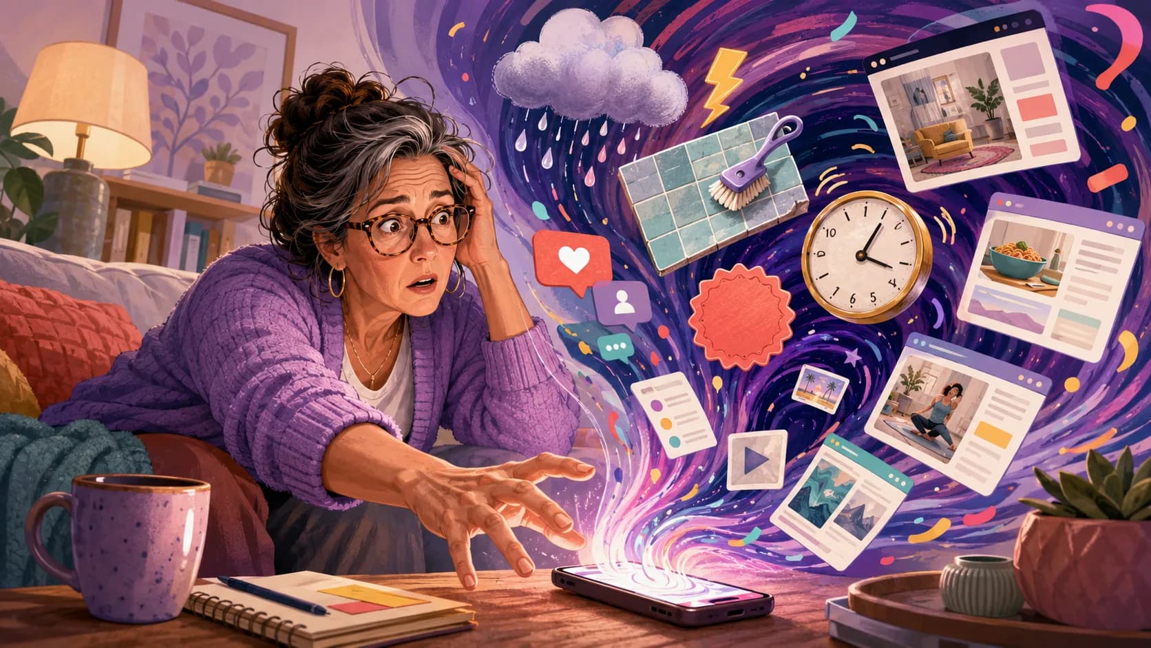 Woman with ADHD being pulled into a colorful phone rabbit hole after one quick check