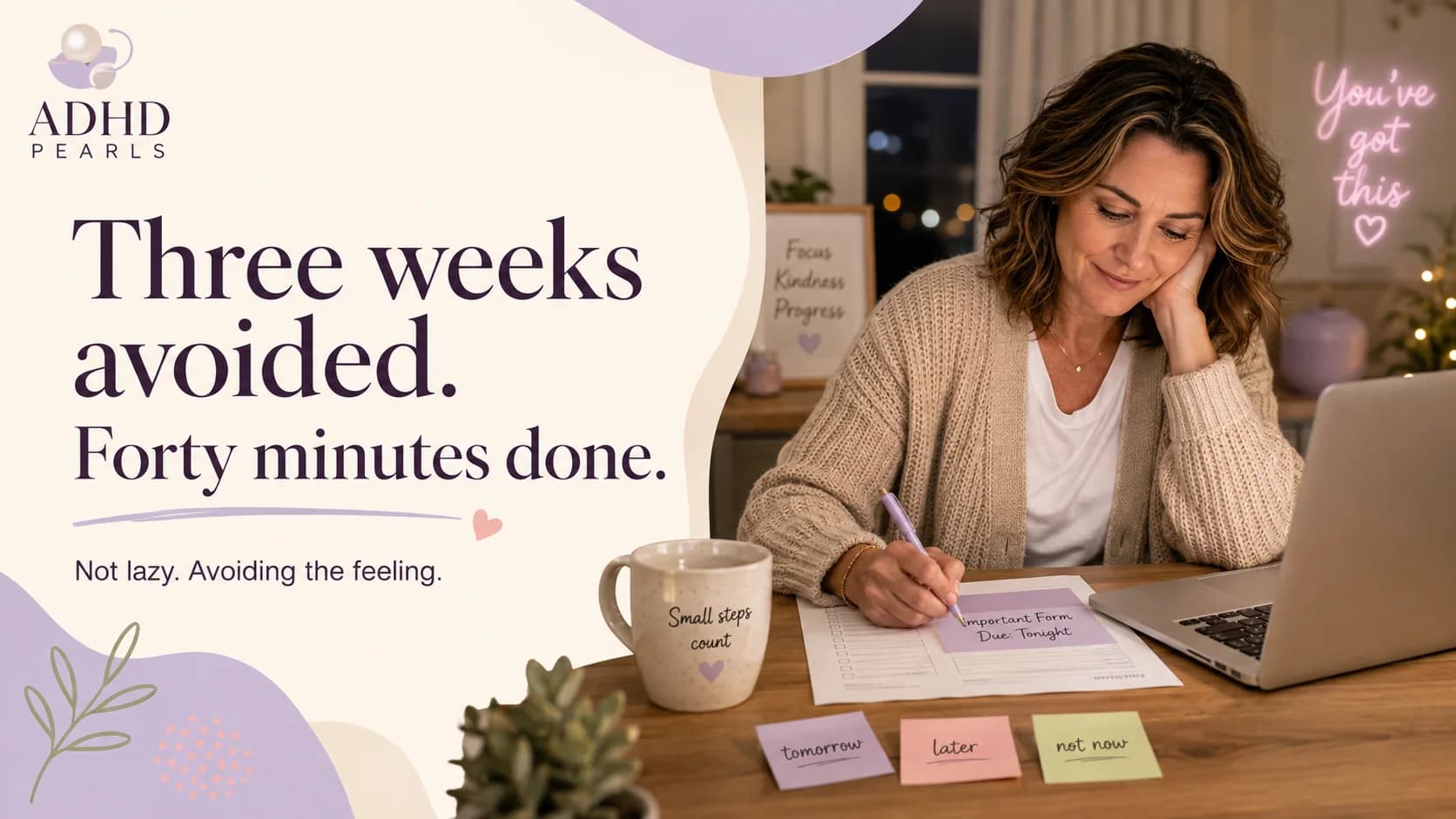 Woman with ADHD sitting at her desk at night finally starting a form she avoided for three weeks because the deadline is near.