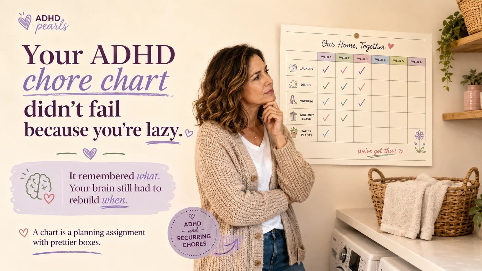 Woman with ADHD looking at a chore chart that stopped working after several weeks, illustrating the planning burden of recurring household tasks.