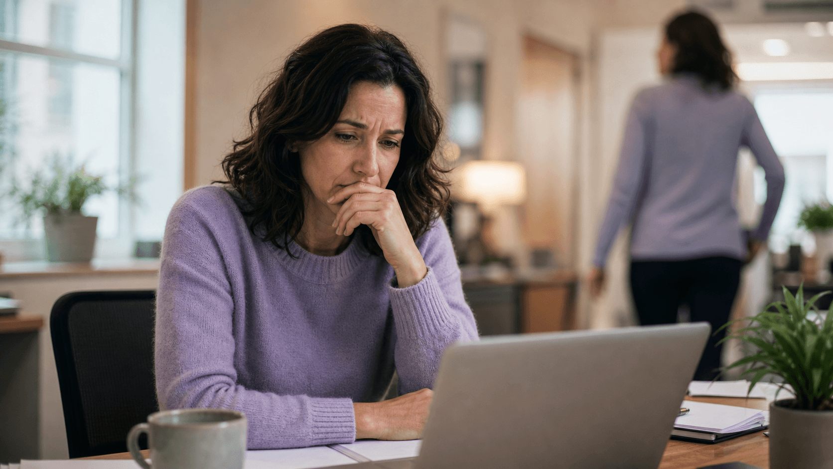 Woman with ADHD experiencing rejection sensitivity after a coworker walks past without saying good morning