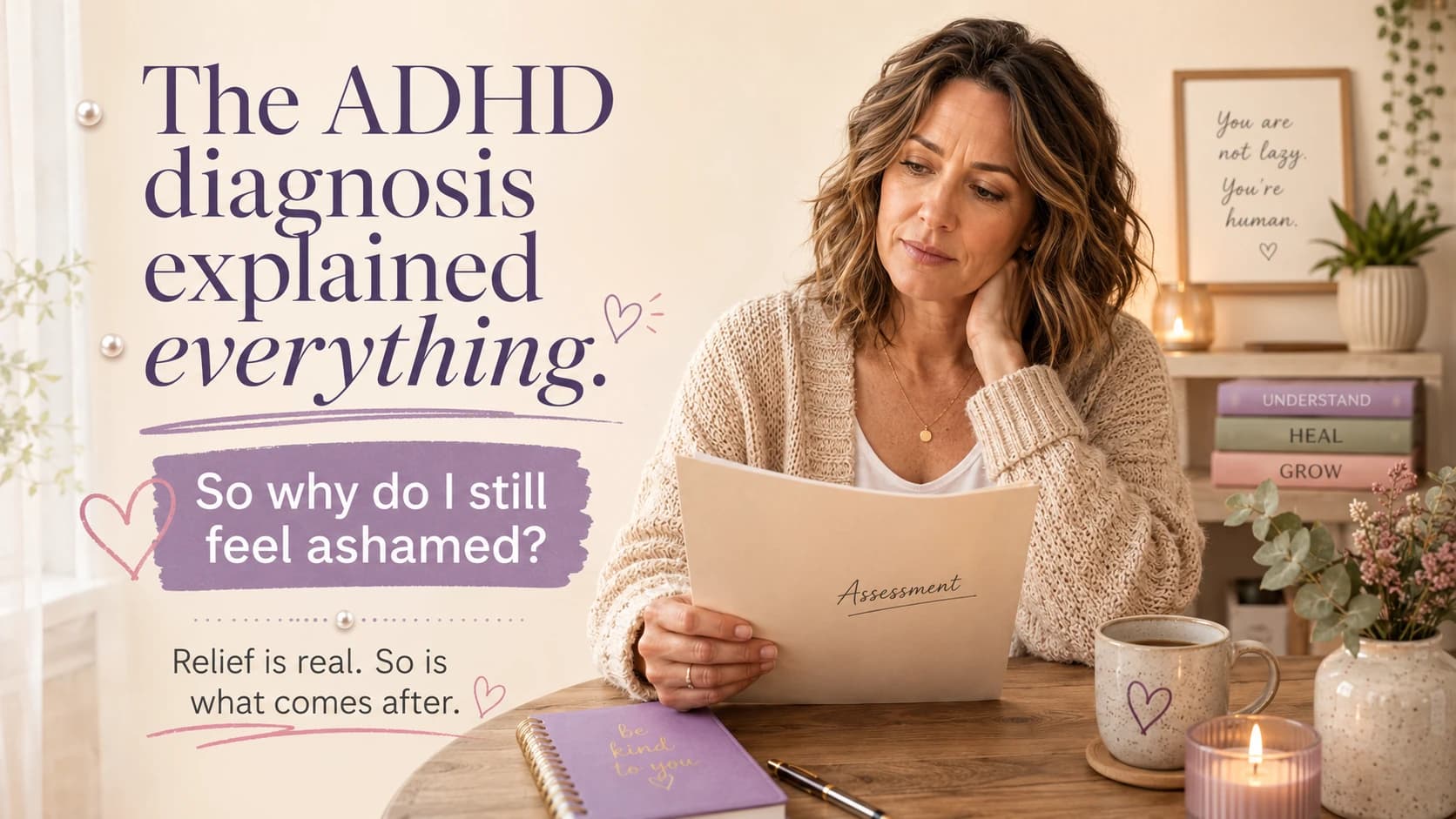 Woman in her forties sitting quietly at home after an ADHD diagnosis, holding an assessment folder and wondering why she still feels ashamed.