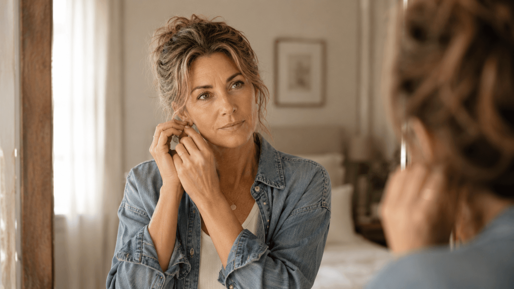 Michelle looking in the mirror while putting on earrings, representing ADHD masking and trying to appear fine when old coping strategies no longer work.