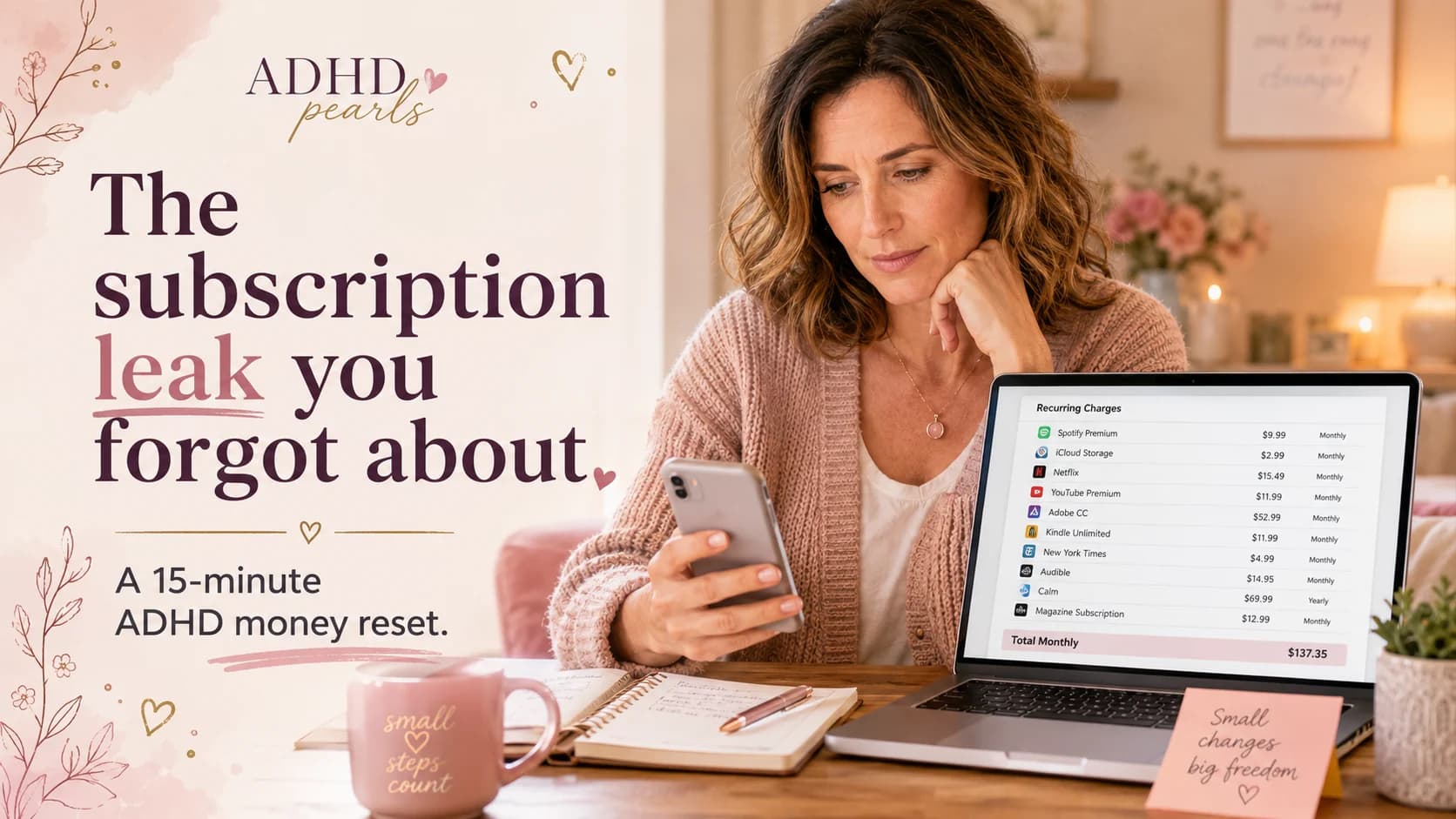 Woman with ADHD looking at recurring charges on a phone and laptop after realizing she forgot about multiple subscriptions.