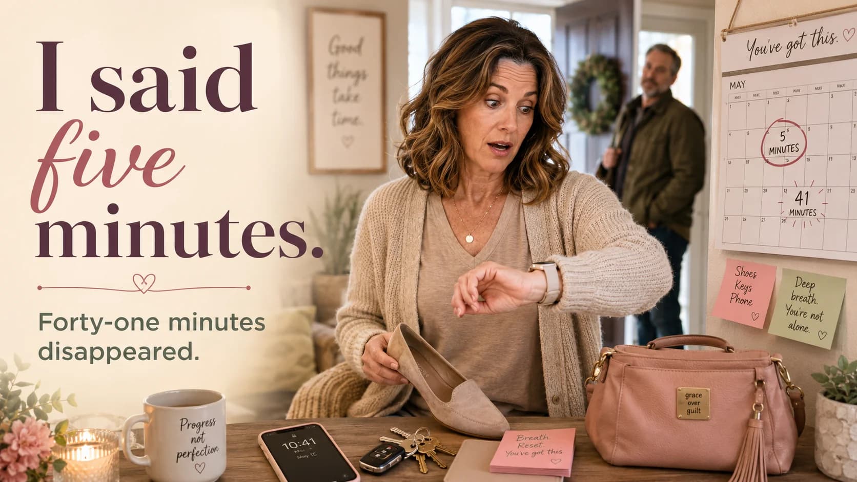 Woman with ADHD realizing that five minutes turned into forty-one minutes while getting ready, with someone waiting near the door.