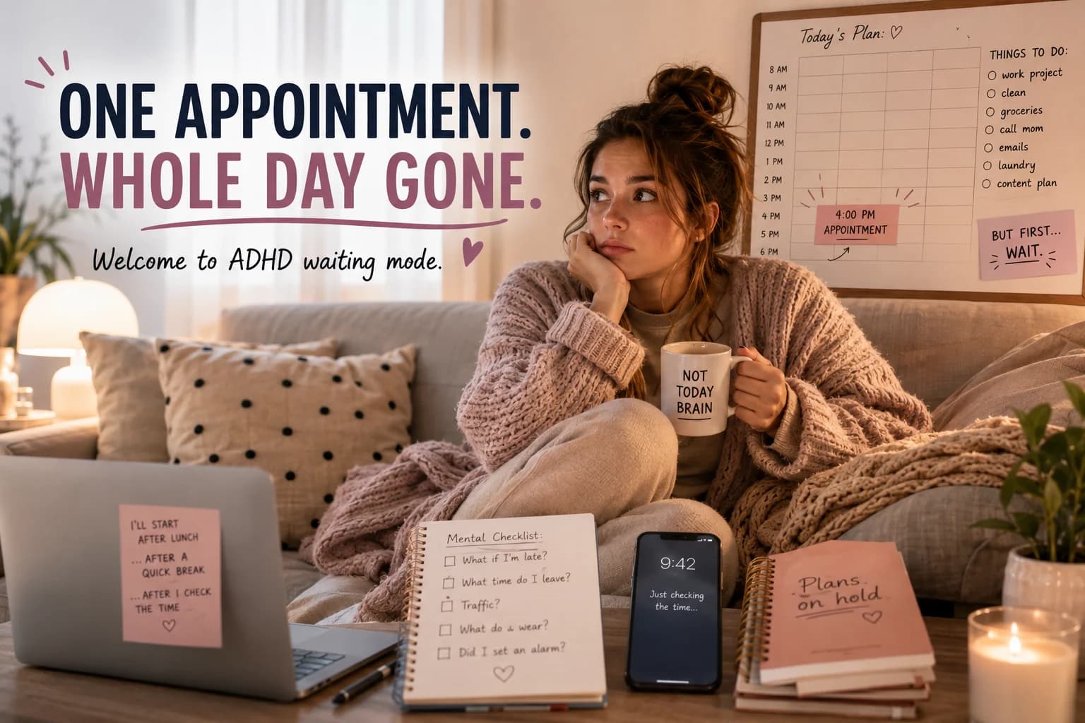 Woman with ADHD sitting on a cozy couch while one afternoon appointment makes the whole day feel stuck in waiting mode.