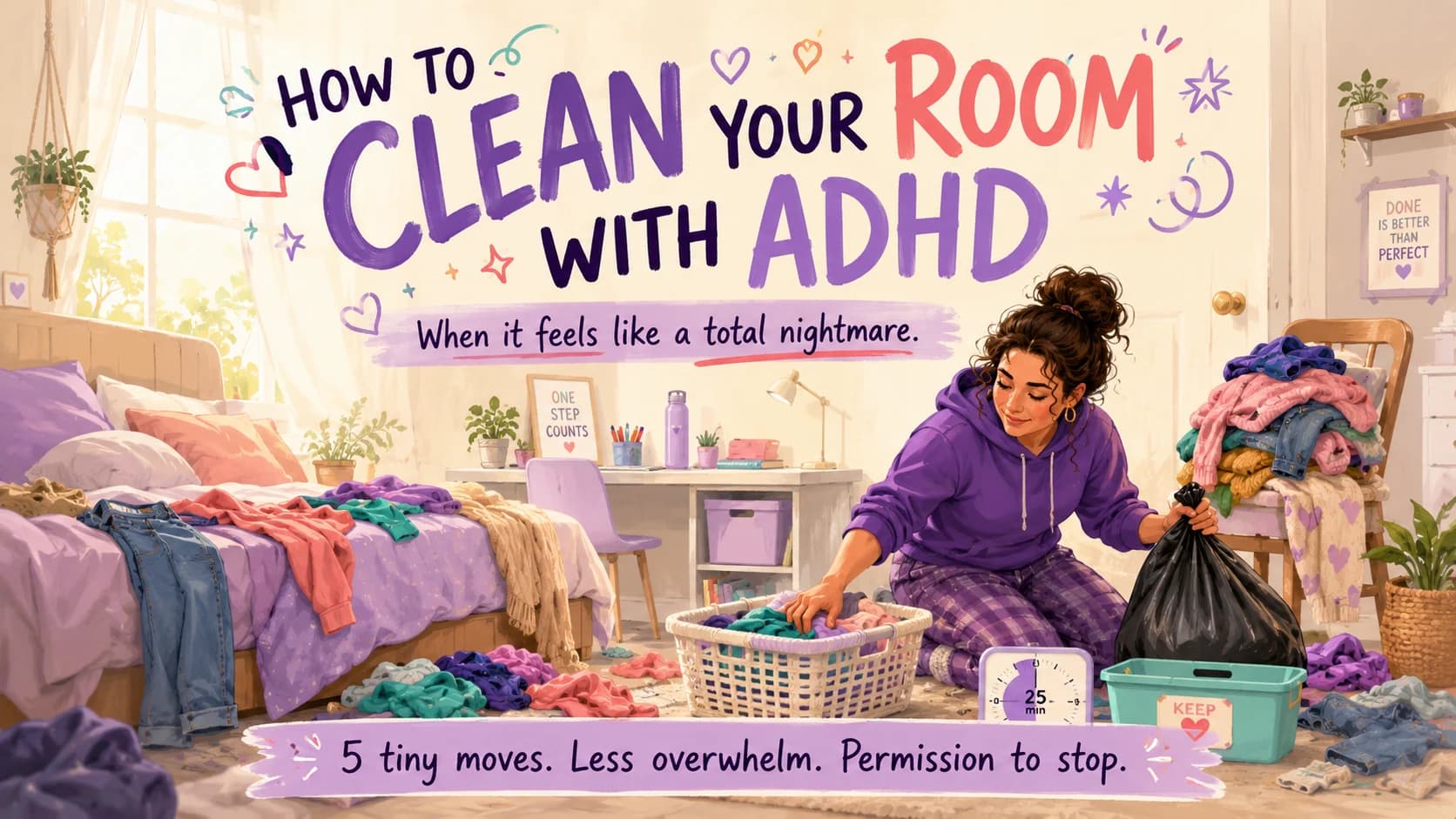 Woman using a simple ADHD room reset to sort laundry and clutter in a bright, realistically messy bedroom.
