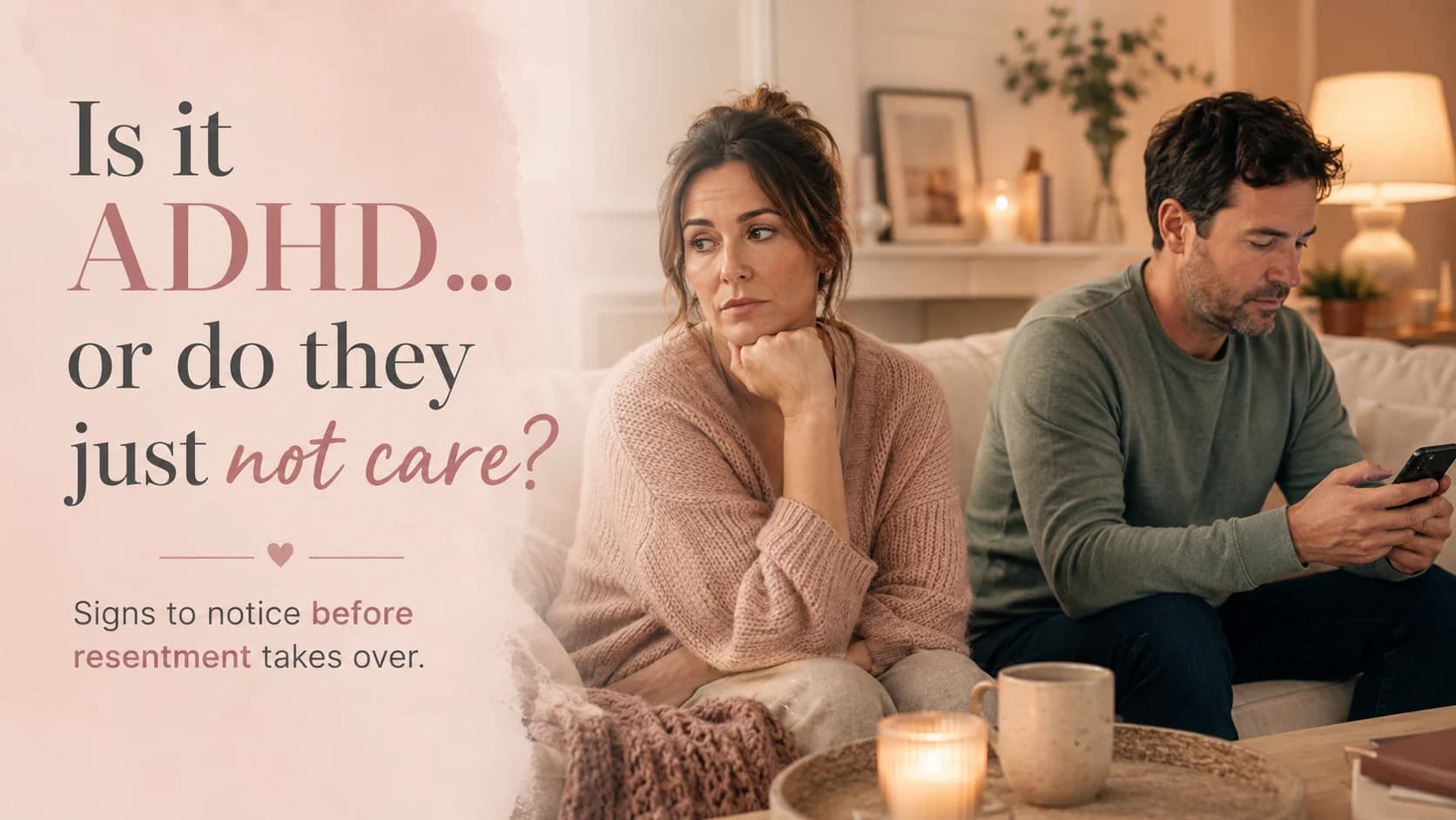 Woman sitting on a couch feeling emotionally disconnected while her partner looks at his phone, illustrating the question of whether ADHD patterns may be affecting the relationship.