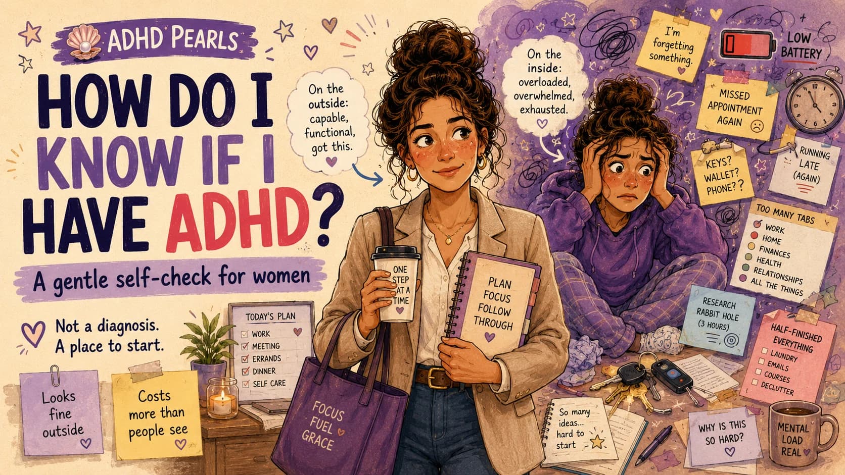 Adult woman appearing organized on the outside while hidden ADHD struggles include mental overload, lost keys, missed appointments and unfinished tasks.