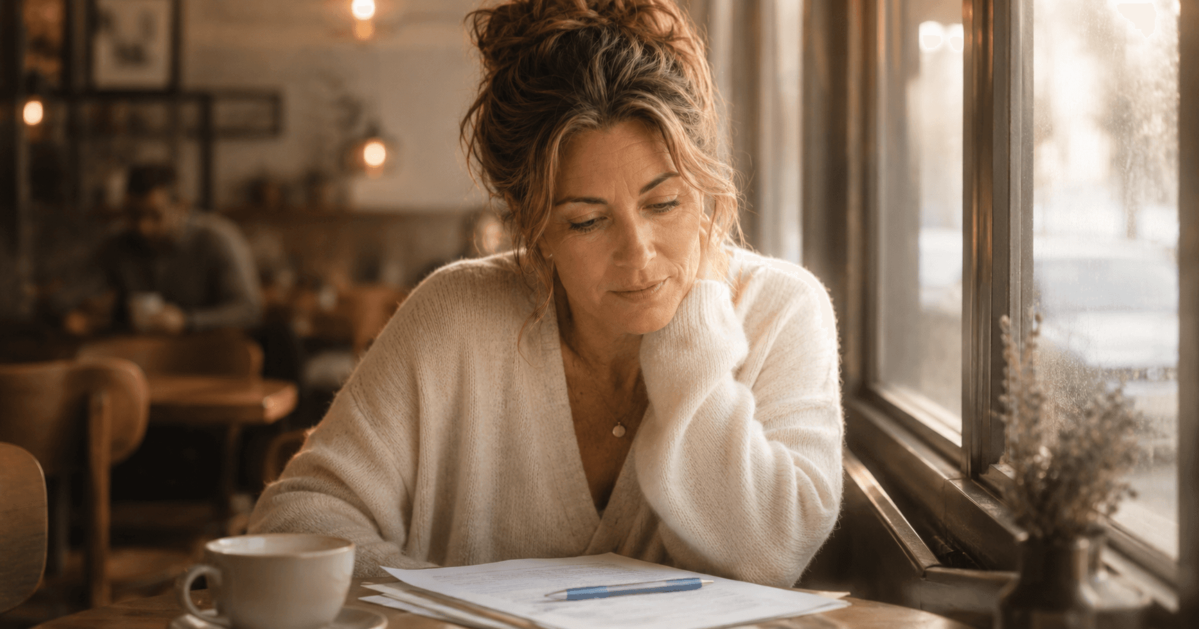 Woman in her late 40s sitting alone in a coffee shop with divorce papers and a borrowed pen, reflecting on how undiagnosed ADHD affected her marriage