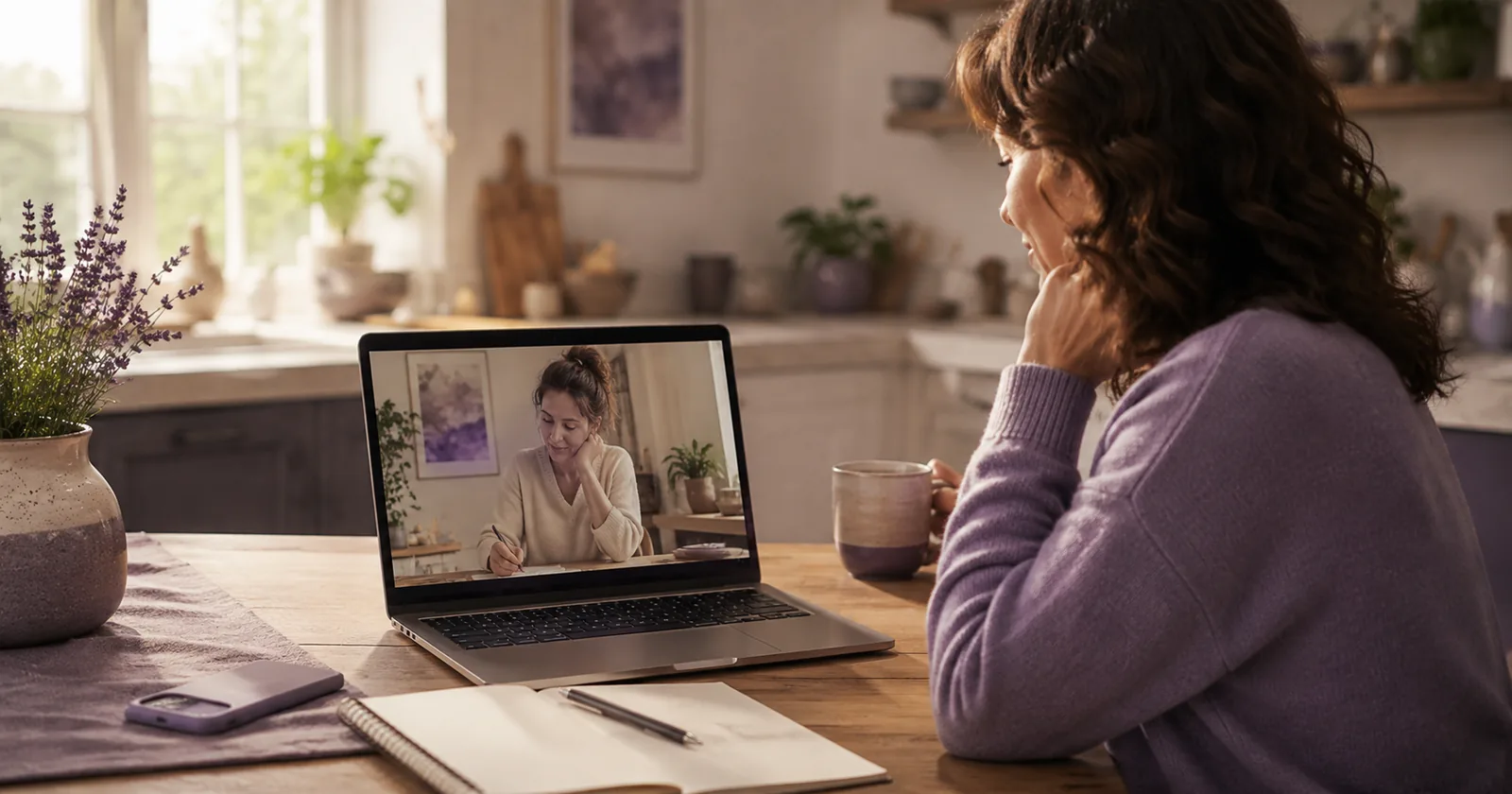 A woman with ADHD working at her laptop on a silent video call with someone doing their own work, an example of virtual body doubling.