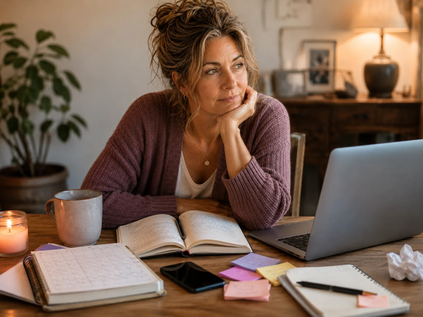 A woman with ADHD sitting at a desk with a laptop, planner, phone and notes nearby, looking overwhelmed by too many productivity systems.