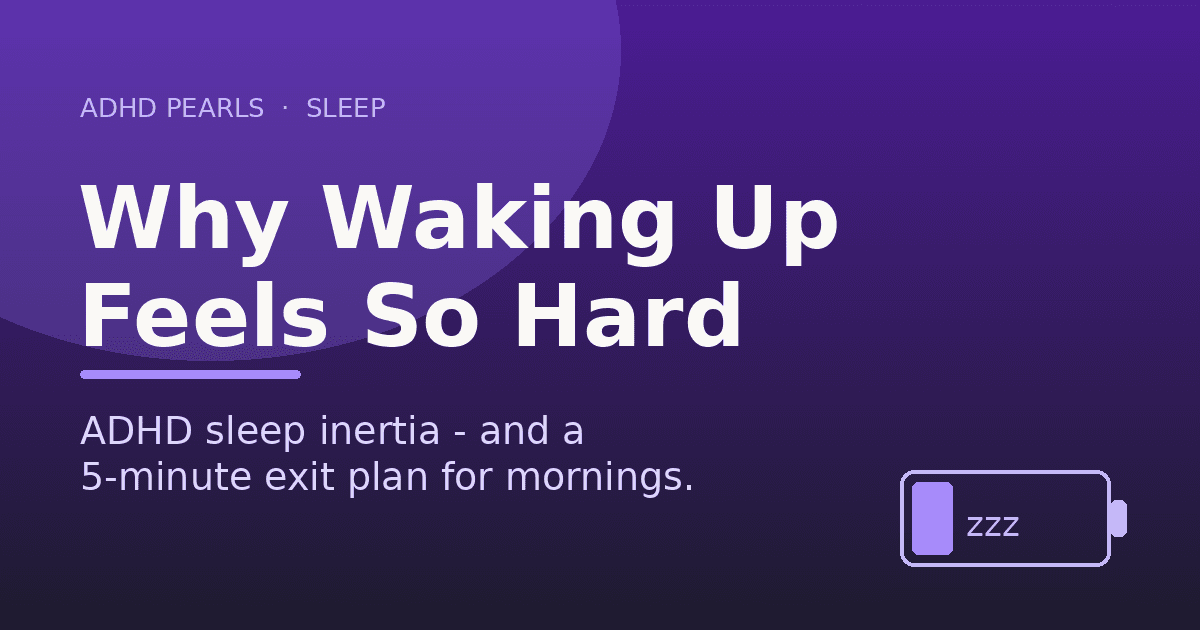 A low battery with a 'zzz' symbol on a violet background, illustrating ADHD sleep inertia and how hard waking up can feel.