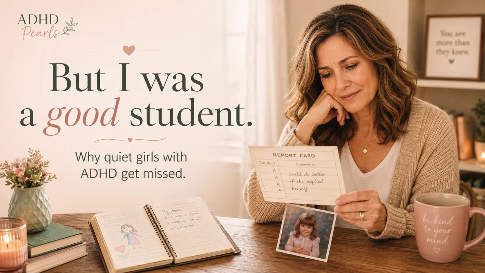 Late-diagnosed woman with ADHD looking at an old report card and childhood photo while reflecting on why her ADHD was missed despite being a good student.
