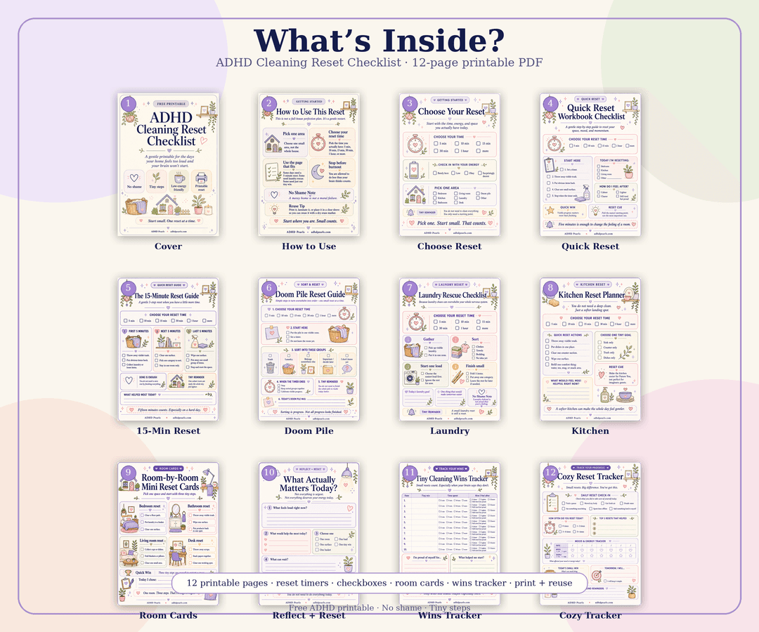 Preview of all 12 pages included in the ADHD Cleaning Reset Checklist printable PDF