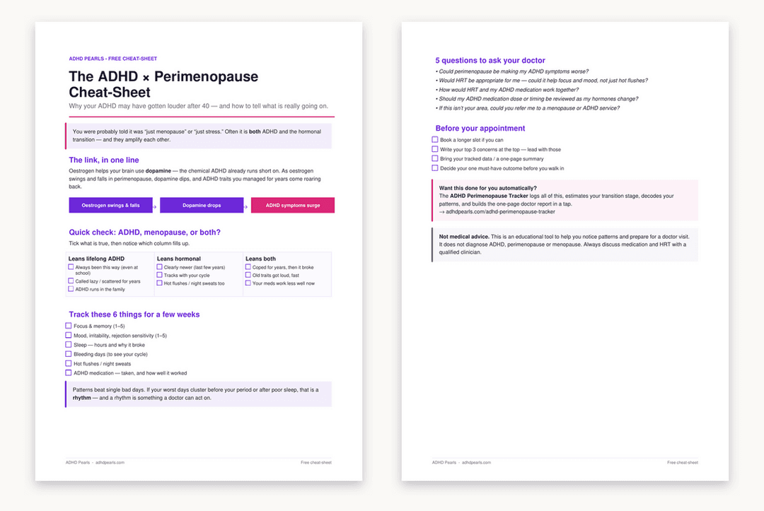 Preview of the two-page ADHD and perimenopause cheat-sheet PDF